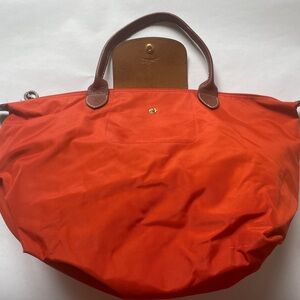 Longchamp Vibrant Orange Tote with Brown Handles